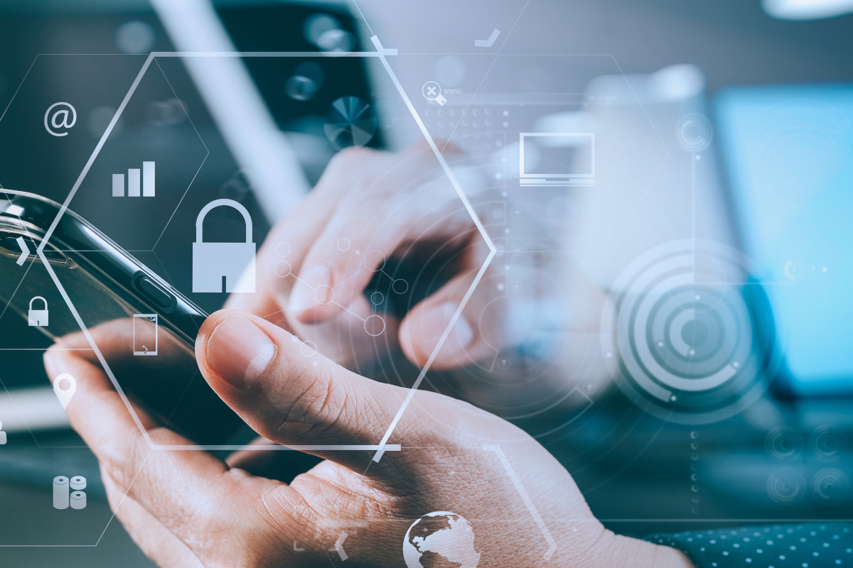 Man using phone with network icons floating around