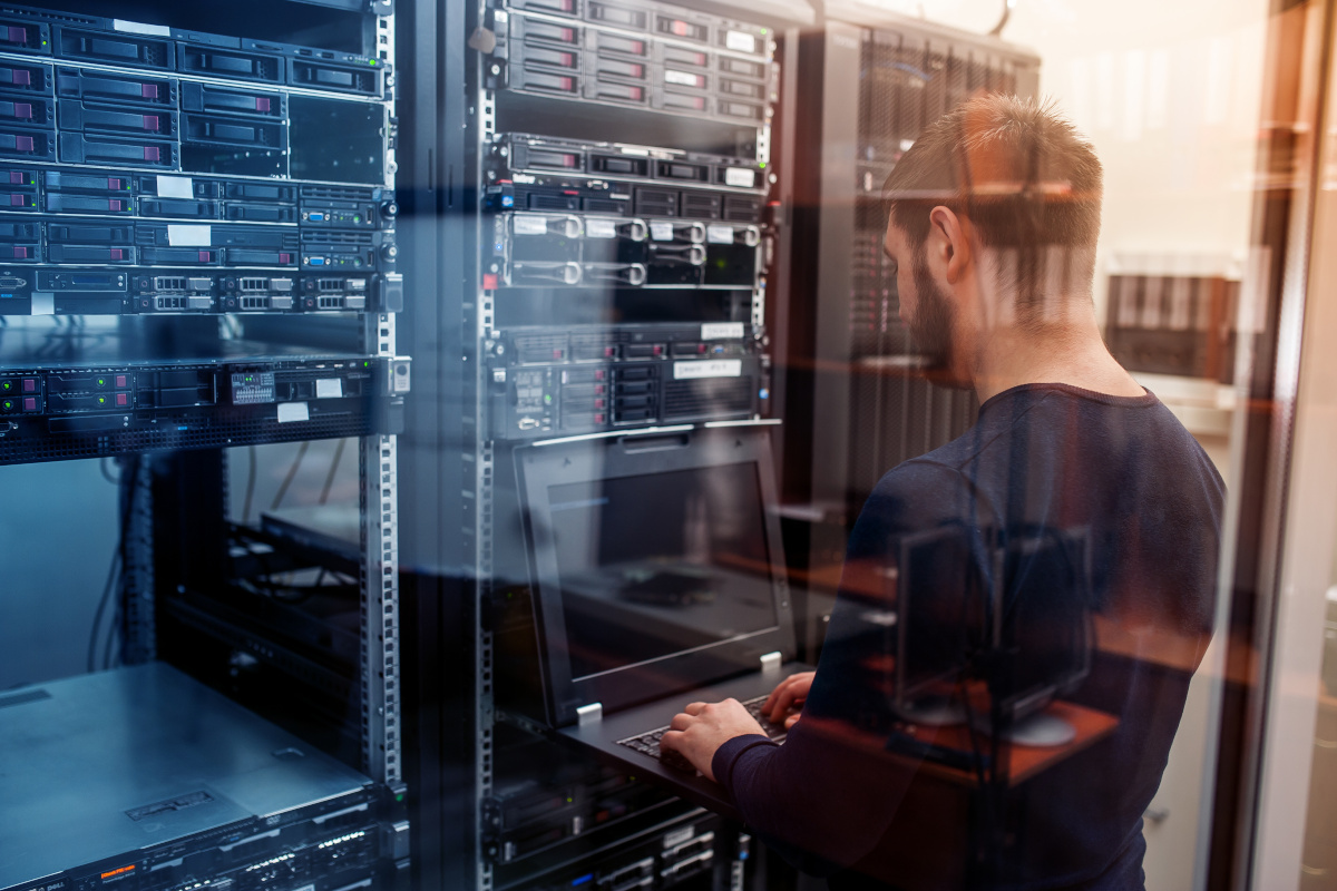 Man working in server room