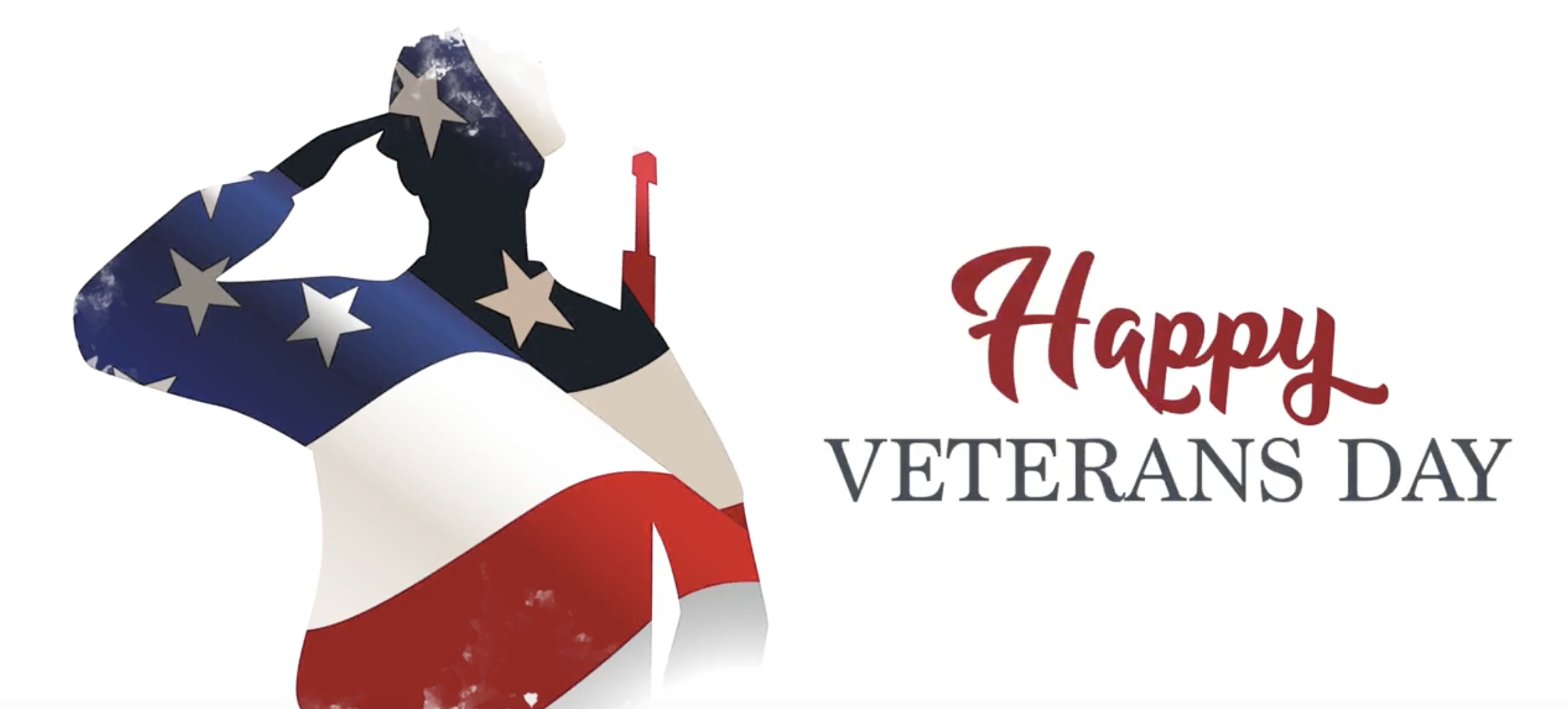 Veterans Day graphic: a saluting service member filled with the American flag beside the words Happy Veterans Day.