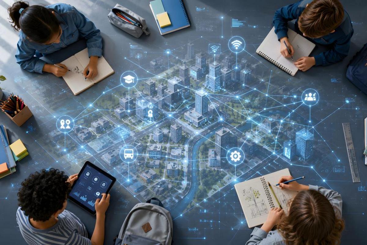Students working at a table over a glowing network of connected school buildings.