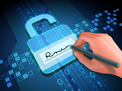 Hand signing a digital certificate with a stylus across a glowing padlock icon.