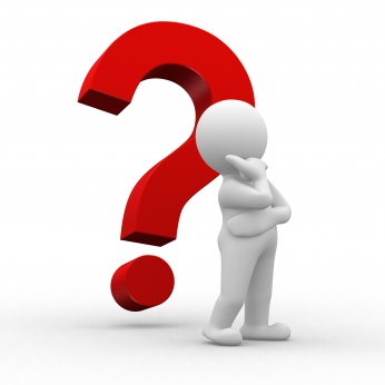 3D figure standing in a thinking pose beside a large red question mark.
